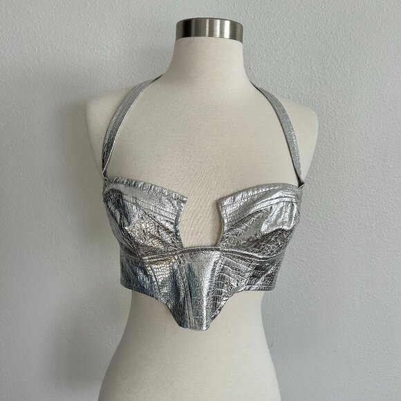 Pretty Little Things Bralette Silver Metallic Croc Halter Bustier NWT - Picture 1 of 12